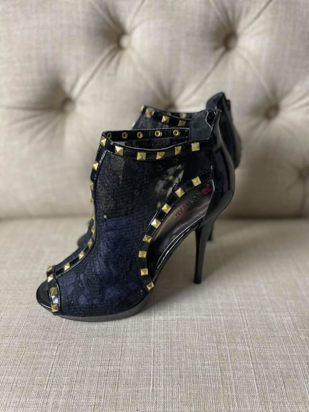 EUC JustFab Black Lacey Booties with Gold Studs size 8.5
